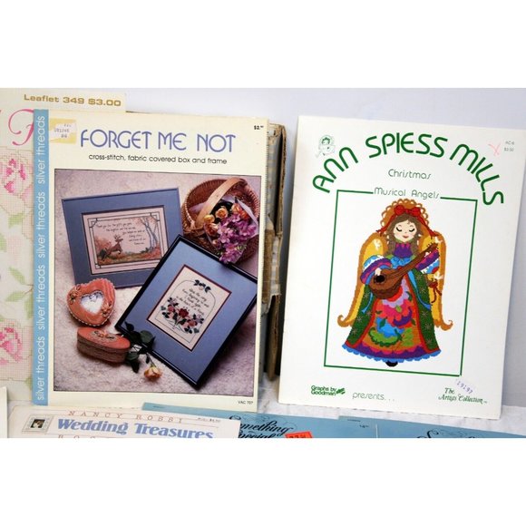 Vtg 8 Pc Counted Cross Stitch Booklet Pattern Lot Cat Flowers Angel Wedding Baby - Picture 3 of 9